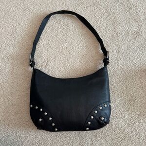 Black Genuine Leather Shoulder Bag Silver Studs 90s Y2k Style Rocker Metal Glam